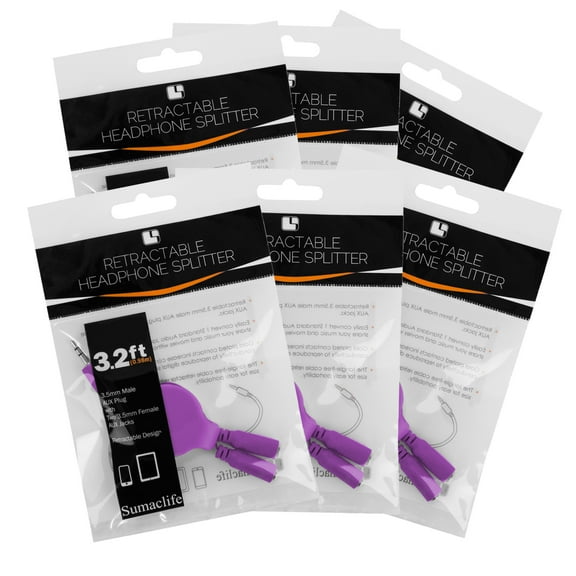 6 Pack Tangle-Free Retractable 3.5mm Jack Headphone Splitter Cable For Smartphones, Tablets, Computers, and Laptops (Purple)