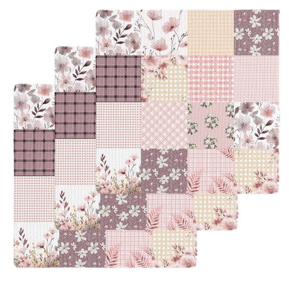 Boho Spring Floral Kitchen Dish Towels for Drying Dishes Set of 3, Vintage Flowers Patchwork Plaid Pink Waffle Weave Microfiber Hand Tea Bathroom Towels Quick Dry & Absorbent Towel 12x12
