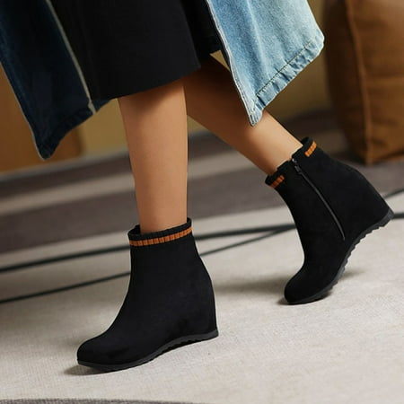 

ERTUTUYI Ladies Fashion Solid Color Flock Side Zipper Wedge Heel Inner Booster Short Boots Brown 39