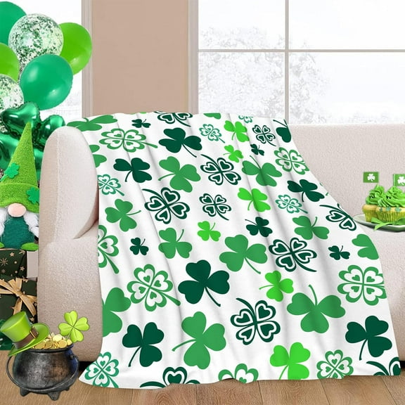 St. Patrick''s Day Throw Blanket Green Clover Shamrock Throw Blankets Lightweight Cozy Flannel Blanket for Bedroom Living Rooms Couch Sofa Bed Home Decor 40x50 Inch