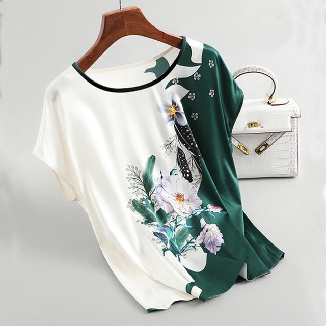 Blouse pour Femmes en Soie Glacée Col Rond Imprimé Floral Manches Courtes Grande Taille