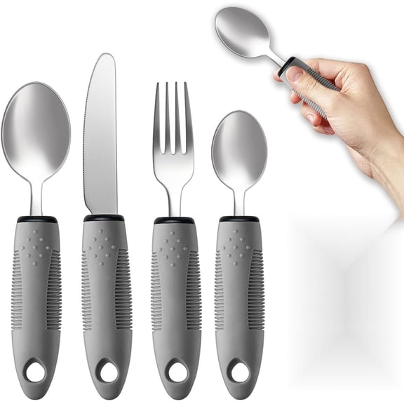 Adaptive Utensils 4pcs For Hand Tremors,Elderly, Arthritis,Parkinsons-Built Up Utensils For Adults 2.5oz Each, Silverware Set With Handle, Flatware Cutlery Set For Seniors
