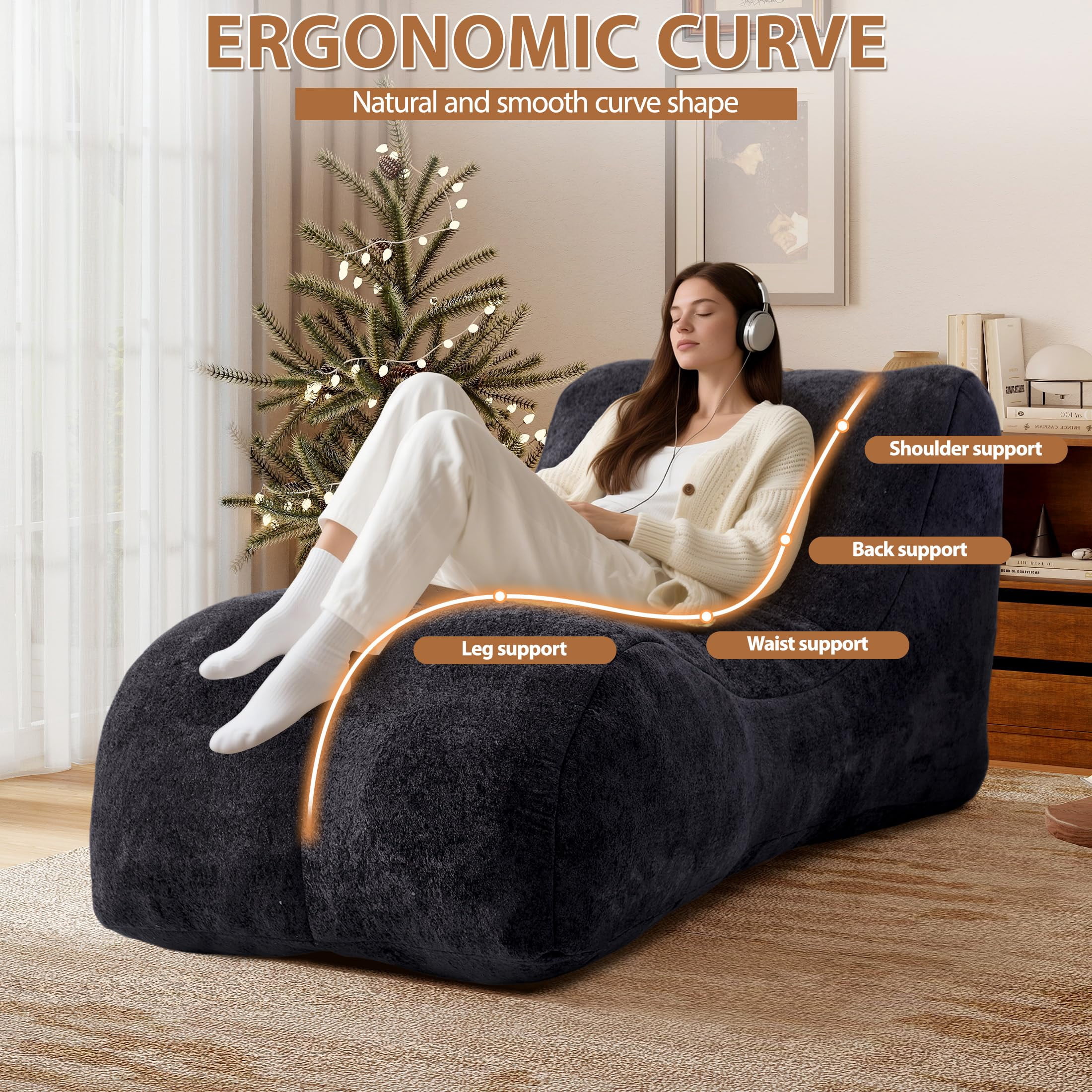 Aukfa Chaise Lounge, Bean Bag Sofa for Stretching, Relaxation, High Density Foam Recliner, Black