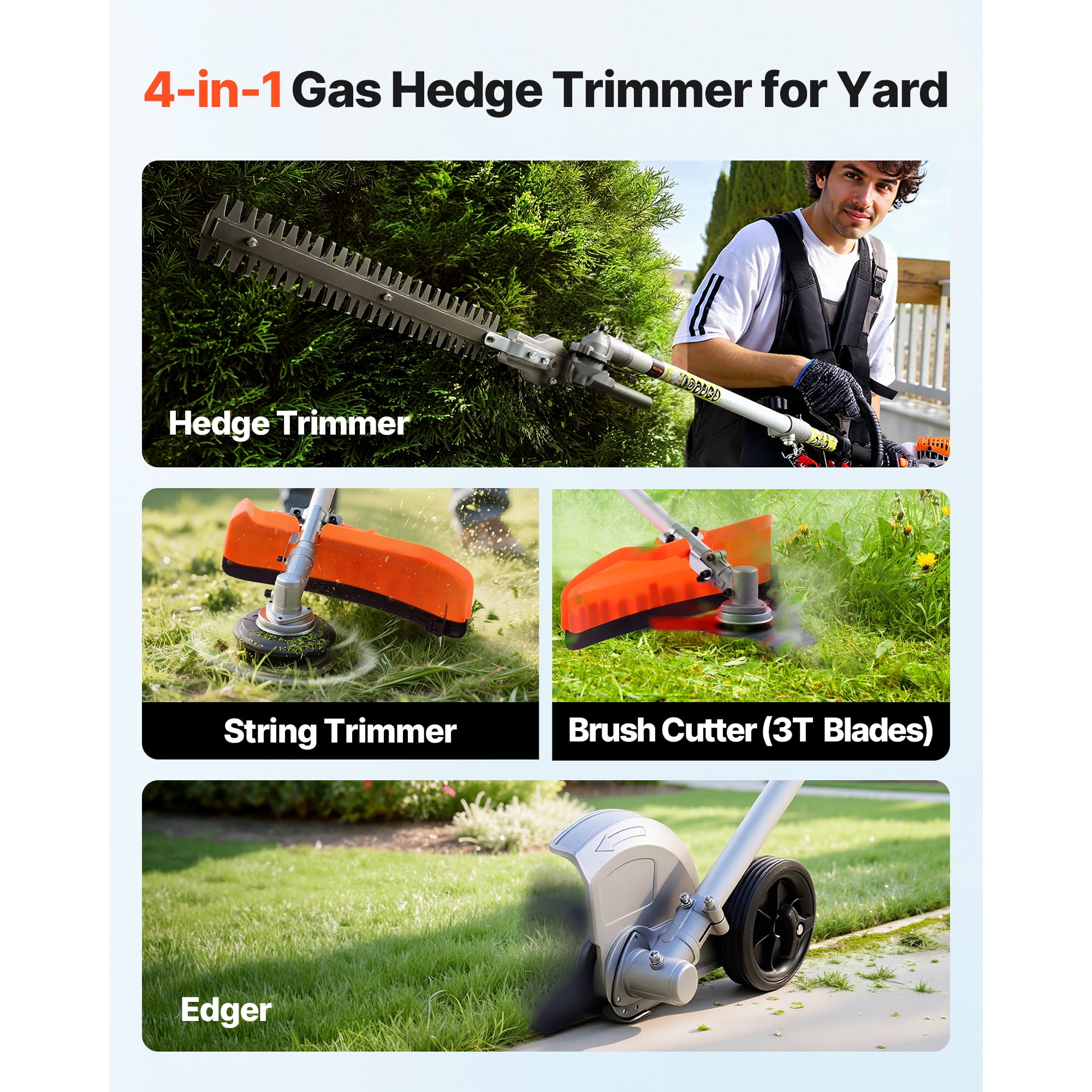 26cc 4-in-1 Gas Powered Multi-Tool with Attachments – Handheld Hedge Trimmer, String Trimmer, Edger & Brush Cutter – Includes Protective Gear Set (Glasses, Gloves, Earmuffs) for Lawn, Yard, Shrubs &