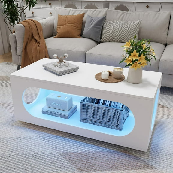 Hironpal 43" White Led Coffee Table for Living Room, Modern Living Room Table Rectangular Contemporary Center Table with Storage, Wooden Coffee Tables with LED Lights for Dining Reception Room