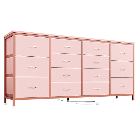 Cómoda de Entrada con 14 Cajones y Soporte para TV de 63" – Mueble Recibidor con Tomas de Corriente, Centro de Entretenimiento para Sala, Dormitorio- Color: rosa tela