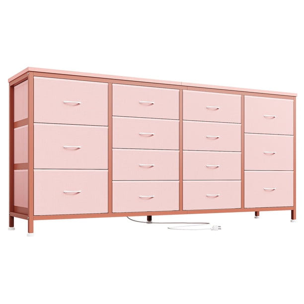 Cómoda de Entrada con 14 Cajones y Soporte para TV de 63" – Mueble Recibidor con Tomas de Corriente, Centro de Entretenimiento para Sala, Dormitorio- Color: rosa tela