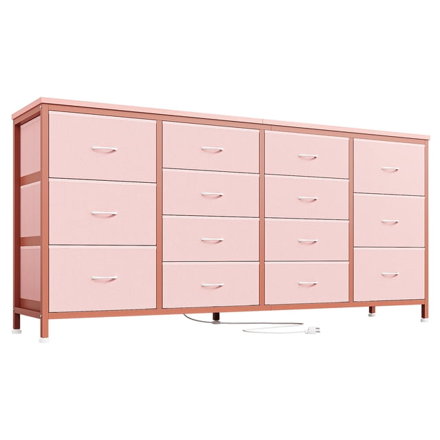 Cómoda de Entrada con 14 Cajones y Soporte para TV de 63" – Mueble Recibidor con Tomas de Corriente, Centro de Entretenimiento para Sala, Dormitorio- Color: rosa tela