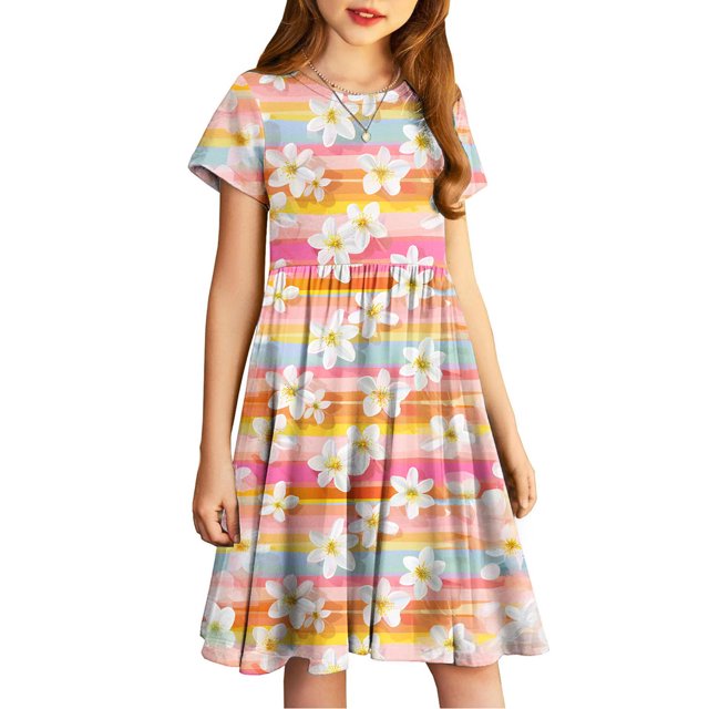 yoeyez Robe Fluide pour Filles Mode pour Enfants Robe Maxi Imprimée Manches Courtes Col Ras du Cou à Volants Plissée Robe Soleil Fluide Décontractée Midi Multicolore, 11-12 Ans