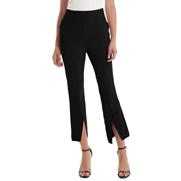 VISgogo Pantalones recortados casuales para mujer, cintura alta, color sólido, pierna acampanada, pantalones divididos con bolsillos VISgogo moda