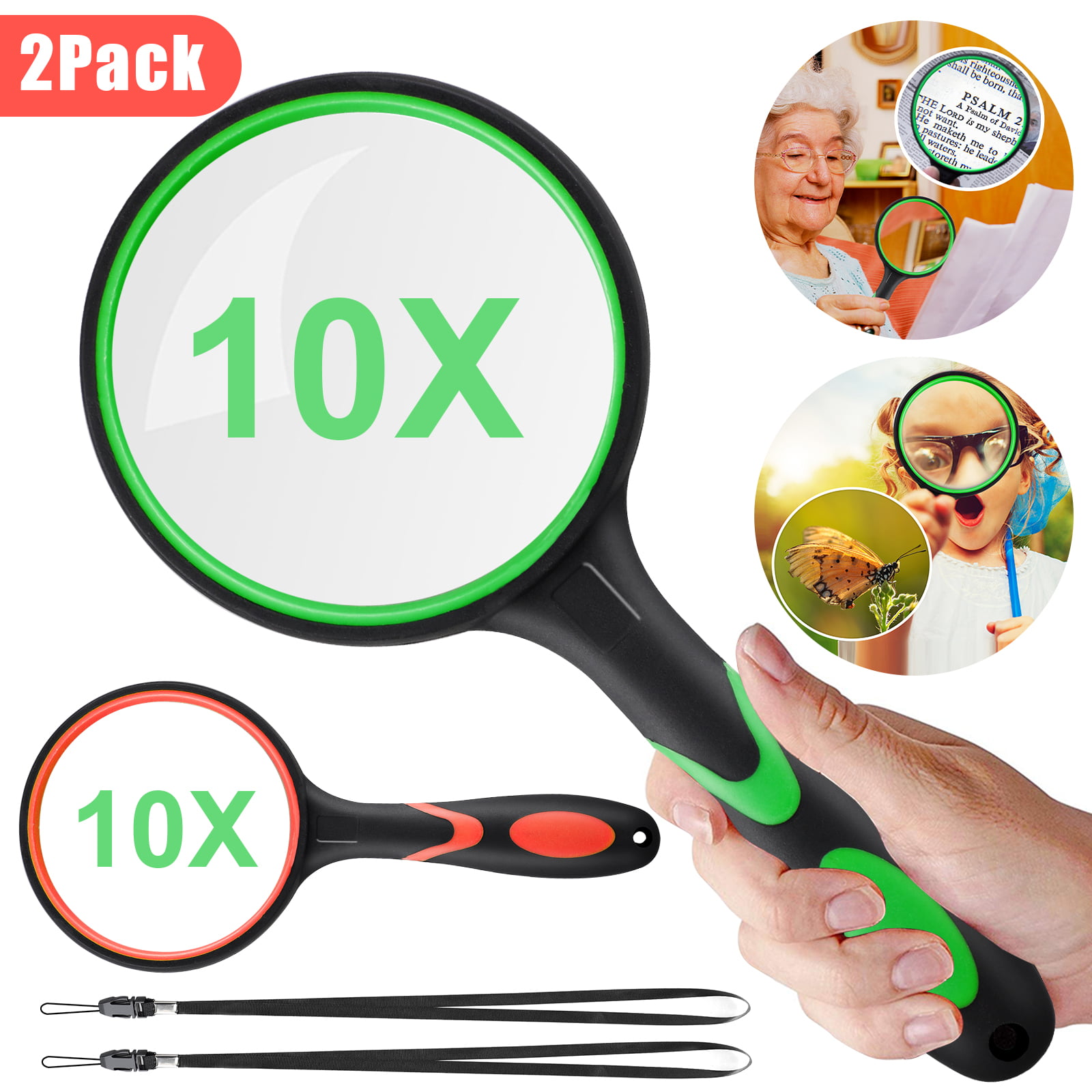 I-WILL Magnifying Glass 10X 75mm Magnifying Lens with Non-Slip Soft Rubber Handle Magnification Handheld Shatterproof Mirror Magnifier Glasses for Reading Books Inspection Insects Hobbies Crafts 2pcs