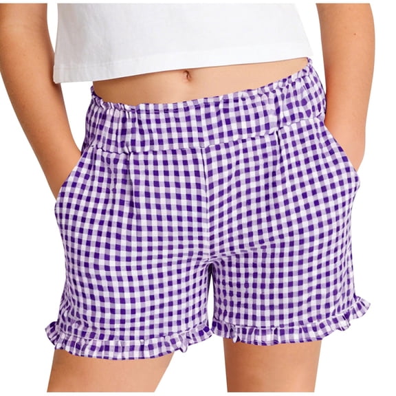 OGLCCG Girls High Waisted Plaid Shorts Kids Ruffle Hem Summer Beach Shorts with Pockets Casual Loose Fit Lounge Shorts 5-16 Years