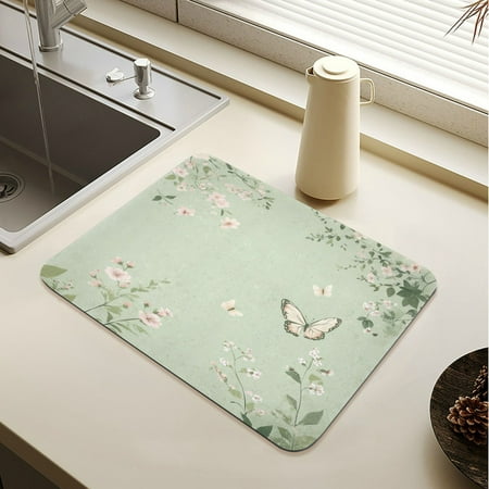 

Wobogo Butterfly Print with Pastel Flowers Dish Drying Mats Diatomaceous Earth Super Absorbent Non-slip Rubber Sole 15.7×11.8in