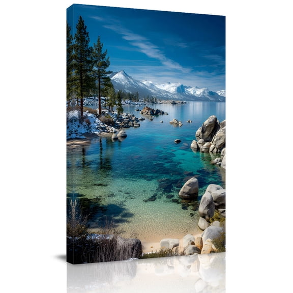 Nature Landscape Canvas Wall Art for Living Room, Lake Stone Forest Sky Snow Mountain Poster Print Painting for Bedroom Office Home Decoration Wall Pictures Prepare To Hang 8"x12"