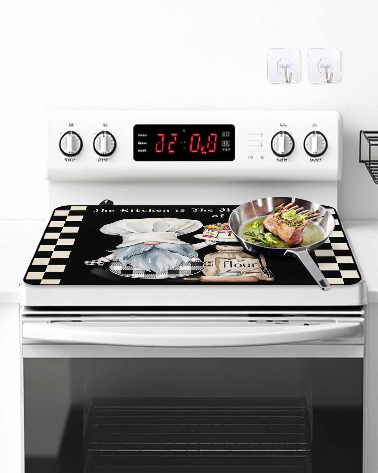 Stove Top Covers for Electric Stove, Chef Gnomes Glass Stovetop Cover Protector, Black White Plaid Dessert Maker Cake Induction Cooktop Protector Oven Mat for Kitchen Countertop 24"x21"