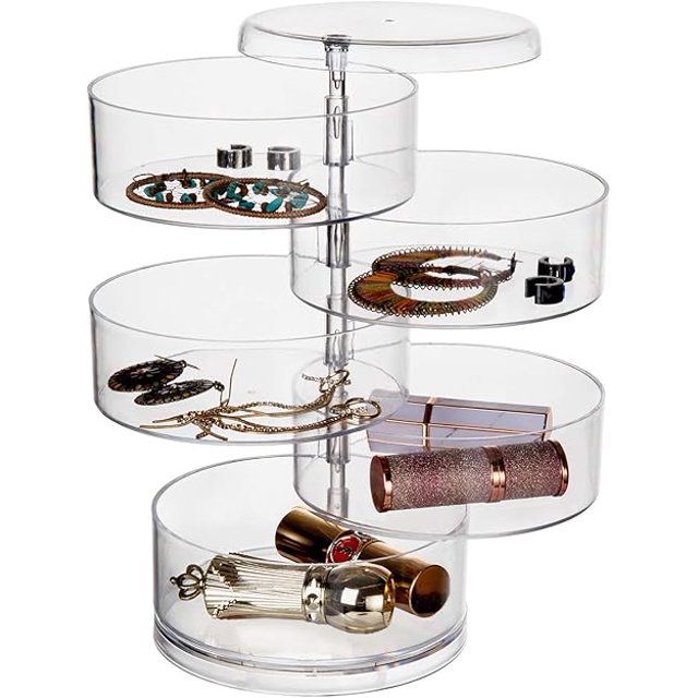 Joyero de 5 niveles para guardar joyas, giratorio 360 grados, con tapa para anillos, pendientes, collares, regalo de cumpleaños, para niñas y mujeres, forma redonda