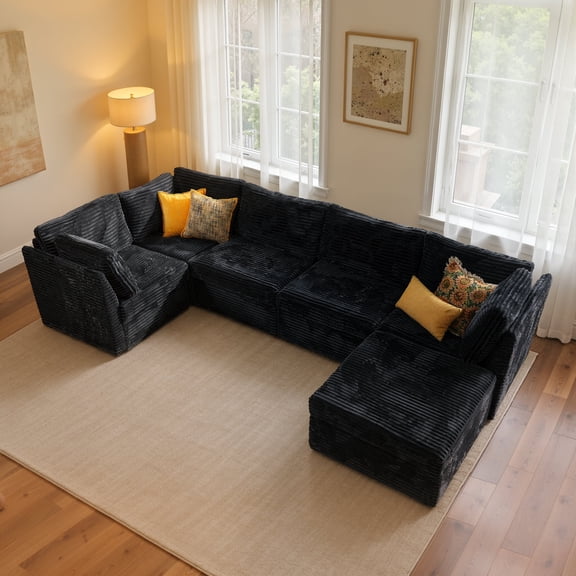 Ovios 127" U-Shaped Sectional Sofa, Oversized Deep Seat Corduroy Modular Couch with Ottoman for Living Room, Black