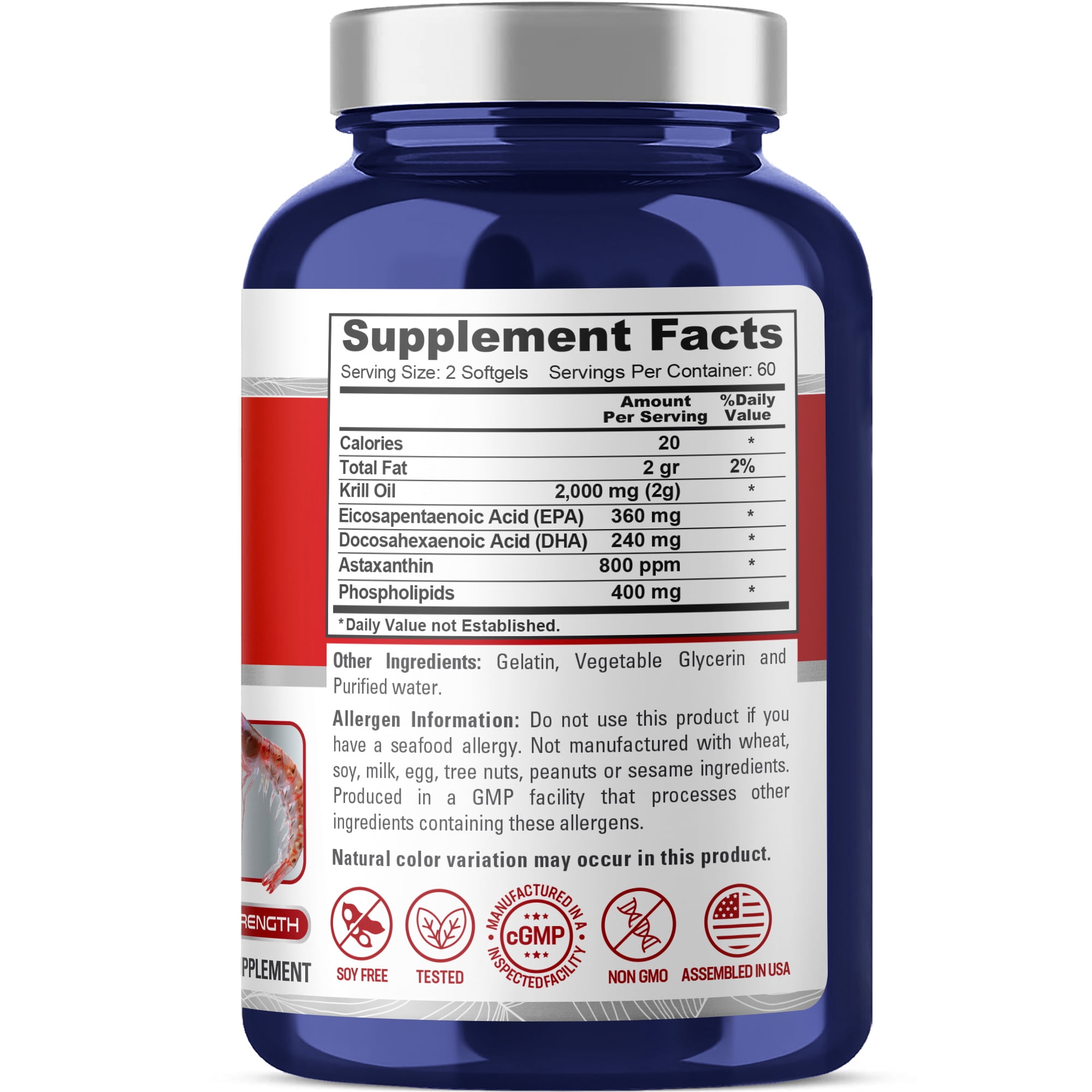 NusaPure Antarctic Krill Oil 2000 mg 120 Softgels | Omega-3 EPA 360mg, DHA 240mg, with Astaxanthin Supplement Sourced from Krill 800ppm | Maximum Strength