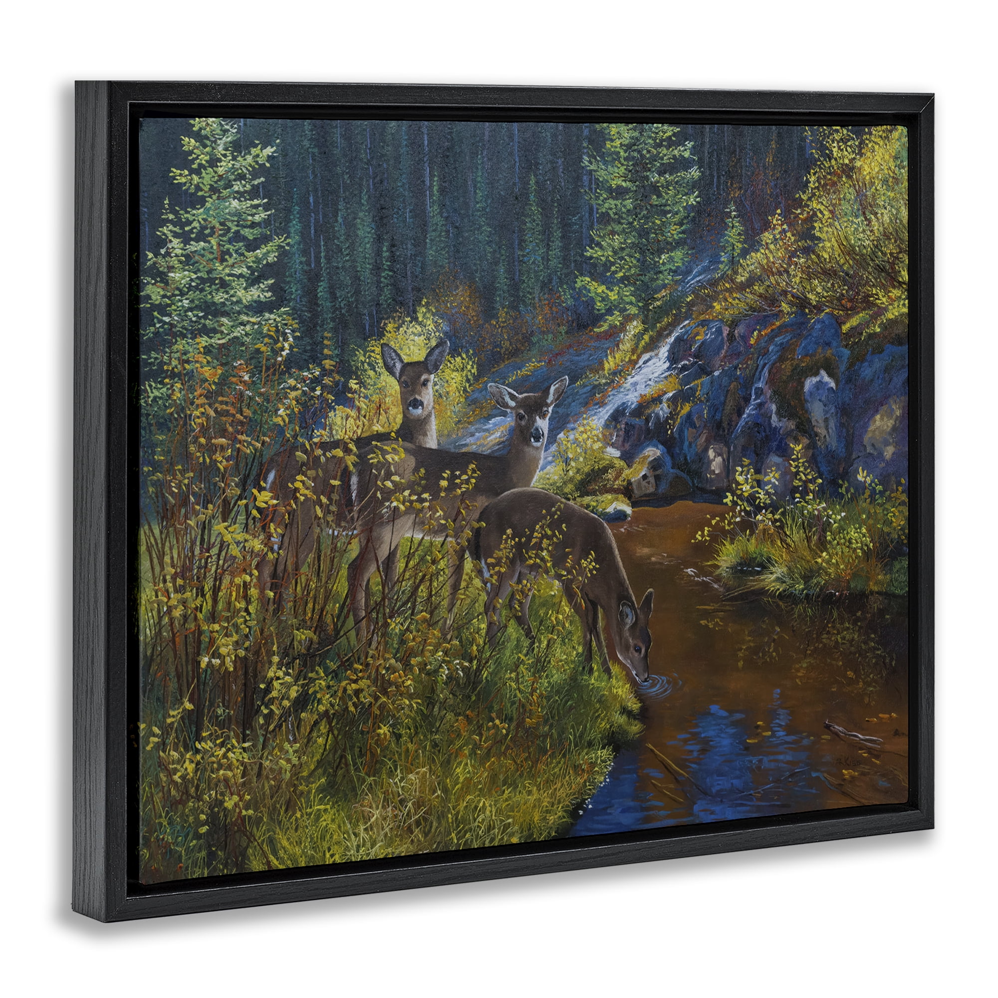Stupell Industries Deer Drinking from River Landscape & Nature Painting Black Floater Framed Canvas Art Print Wall Art, 21 x 17
