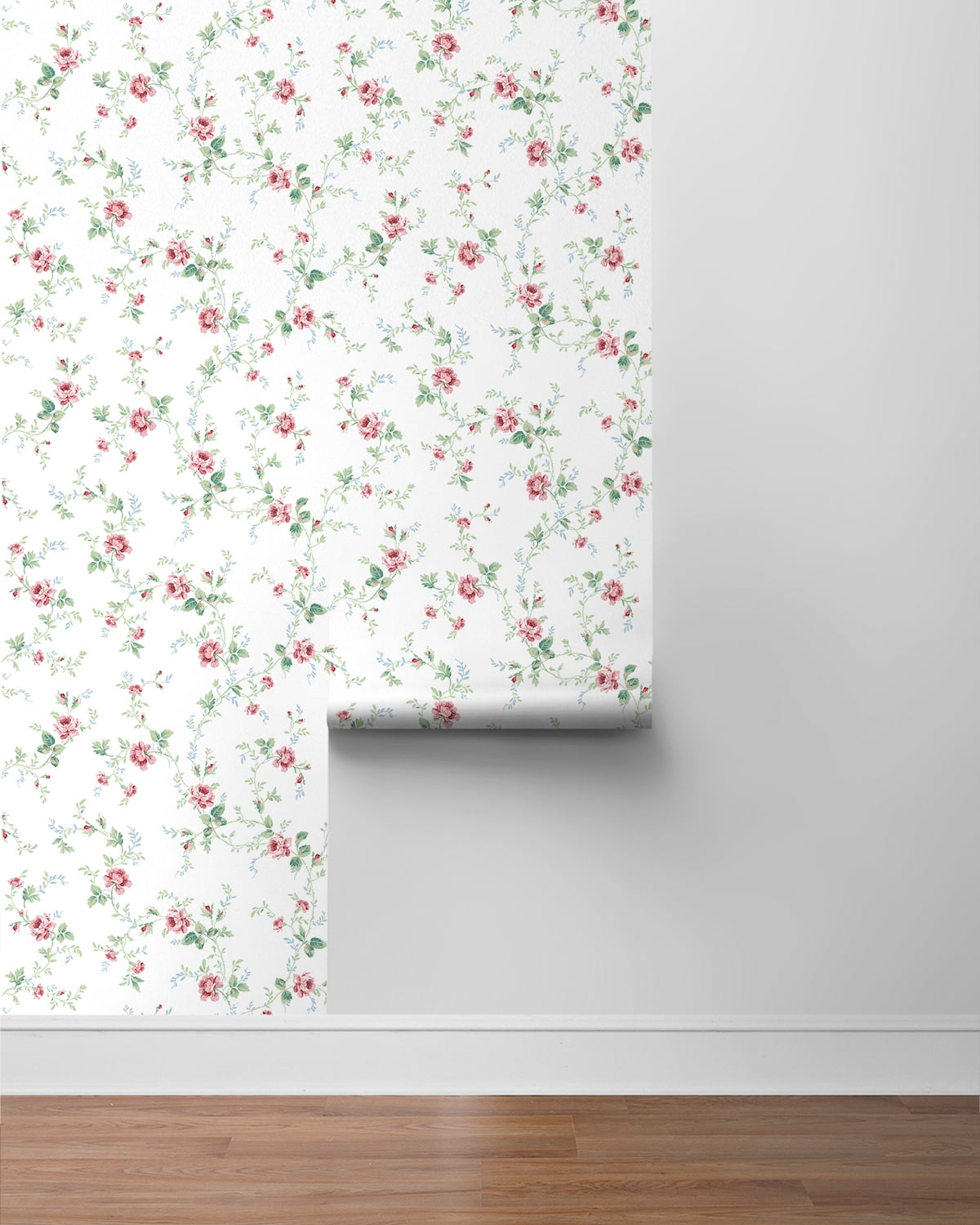 NextWall Blush & Spearmint Blossom Floral Trail Peel and Stick Wallpaper