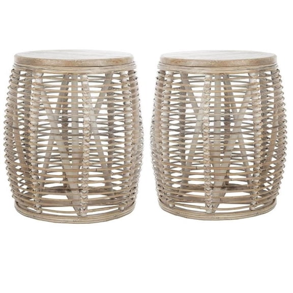 Home Square 18" Round Rattan Accent End Table in Gray and White Wash - Set of 2