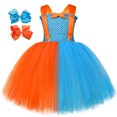 thumbnail image 3 of Disfraz de Blippi para niñas pequeñas, dibujos animados en inglés, conjunto de ropa con tutú naranja y azul cielo, sombrero, gafas y tirantes, 3 of 5
