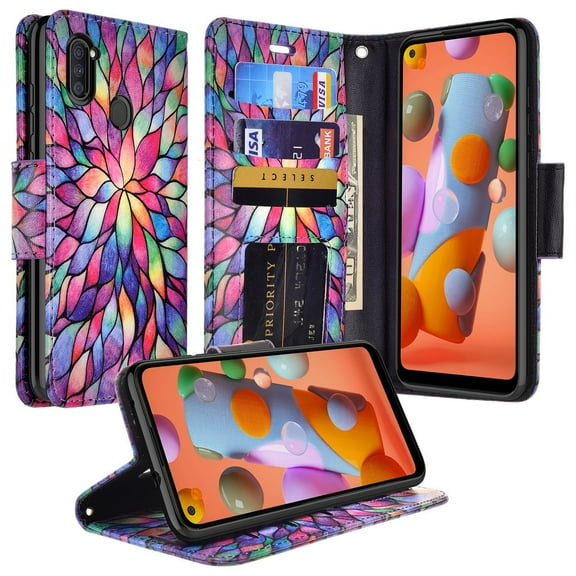 For Samsung Galaxy A11 Case, Wrist Strap Leather Wallet Case [Kickstand] with ID & Card Slots - Rainbow Flower
