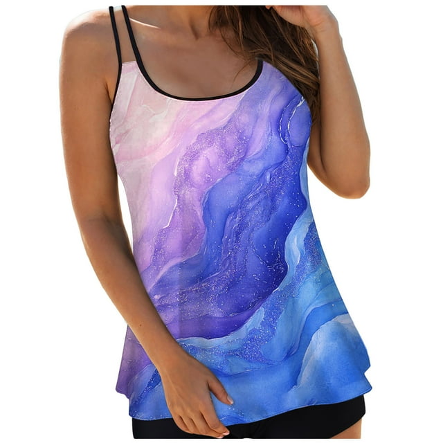 adviicd Tankini Tops Only Women Ruffle High Waisted Tankini Swimsuit Tummy Control Bathing Suit(Blue,L)