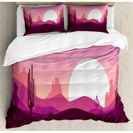 Landscape Queen Size Duvet Cover Set, Cartoon Style Desert with Mountains Dunes and Cactus Silhouettes Arizona Sundown, Decorative 3 Piece Bedding Set with 2 Pillow Shams, Multicolor, by