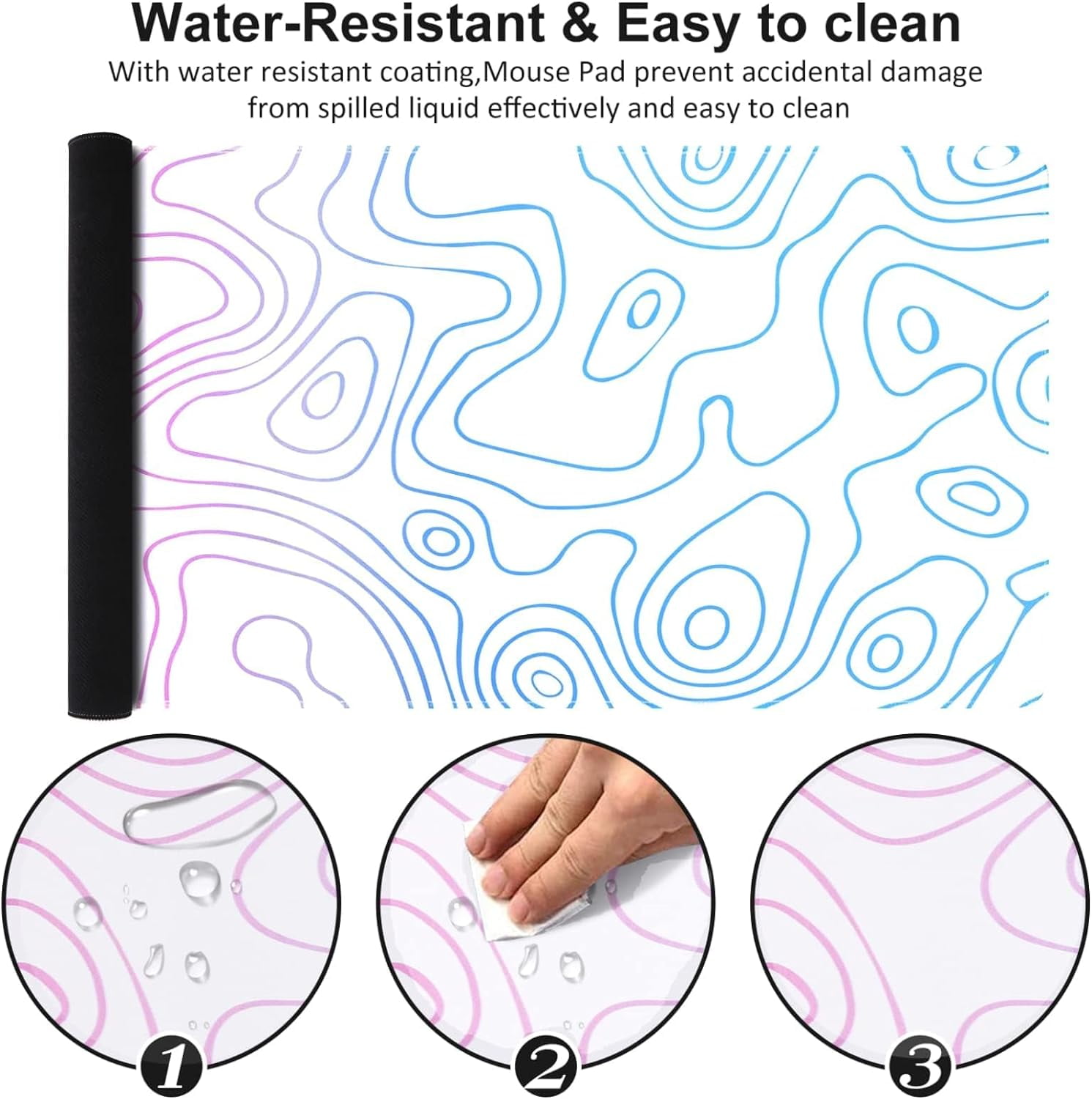 Topographic Mouse Pad, Large Gaming Mouse Pad, Non-Slip Rubber Base Water-Resistant Desk Mat for Computer Keyboard, 35x 15in Extended Desk Pad with Stitched Edges for Office Gaming, White