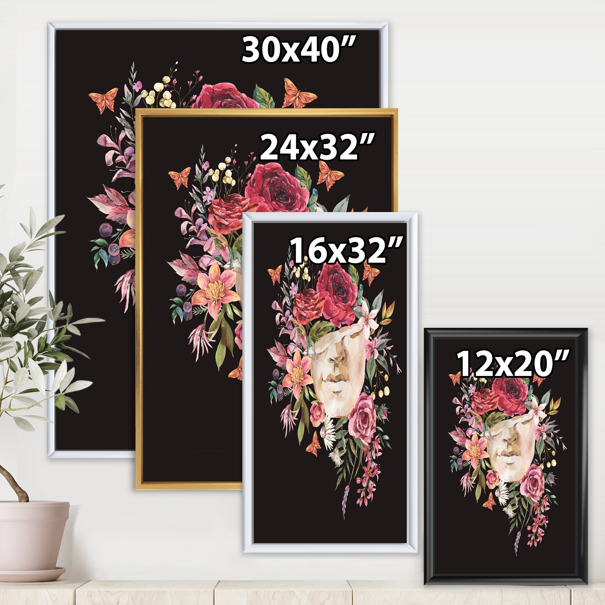 Designart 'Ancient Greek Sculpture Detail With Dry Flowers' Traditional Framed Canvas Wall Art Print