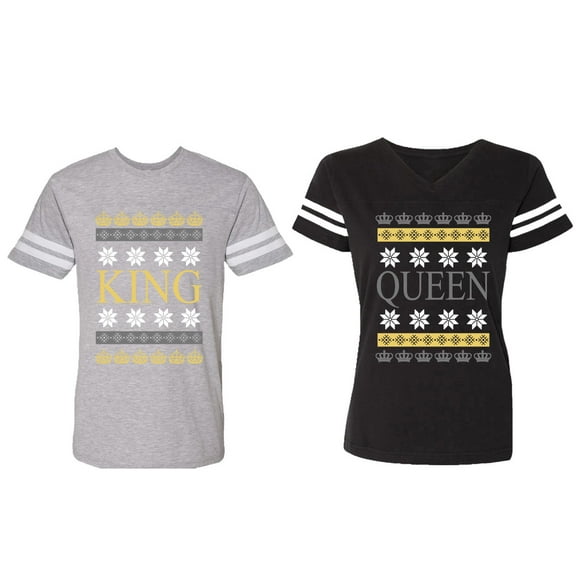 Christmas King Queen Matching Couple Cotton Jerseys (Men Heather / Women Black) (Men S / Women S)