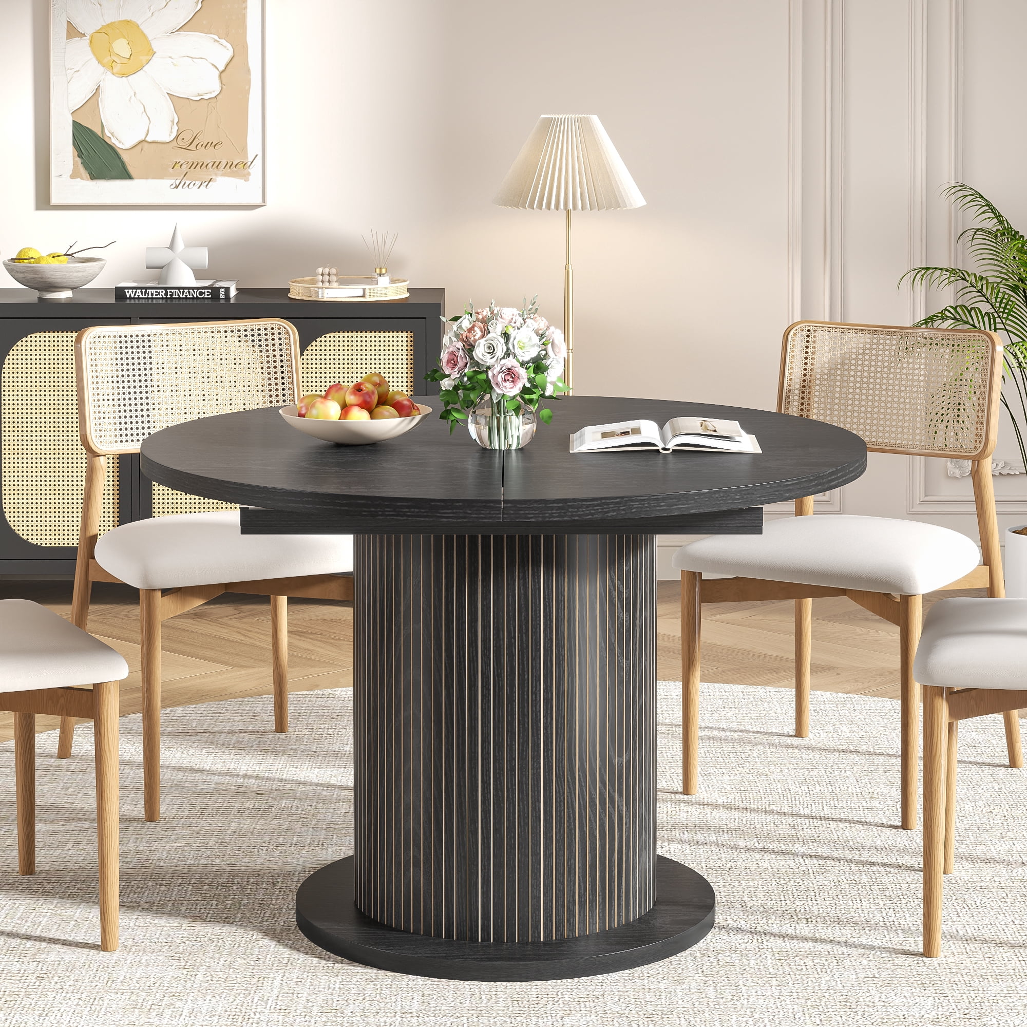 59" Extendable Round Dining Table for 4-6, Modern Oval Kitchen Table with Fluted Base, Circle Dining Table for Living Room, Black
