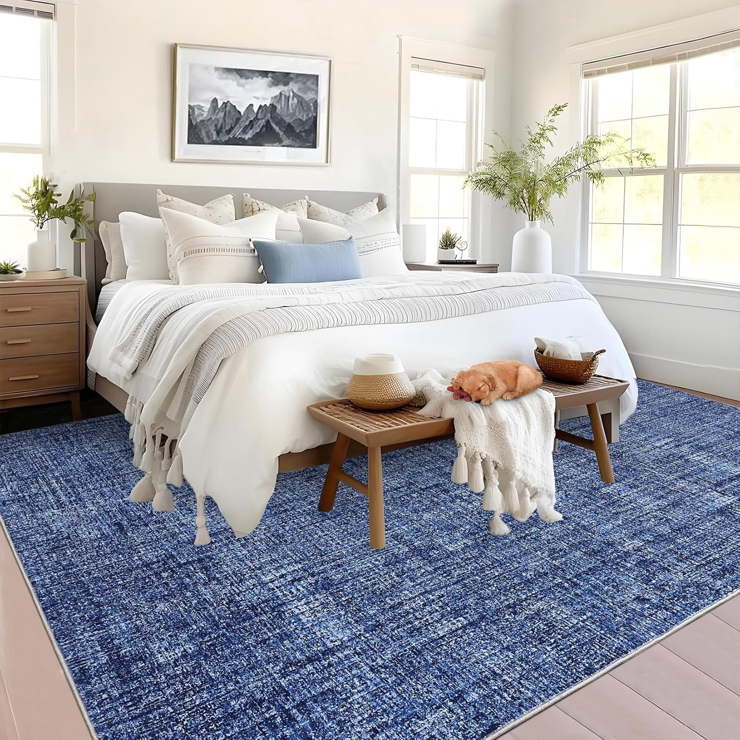 Memoryfield 9' x 12' Washable Area Rug, Stain-Resistant Low Pile Non Slip Carpet, Floor Mat for Living Room Bedroom Home Office, Blue