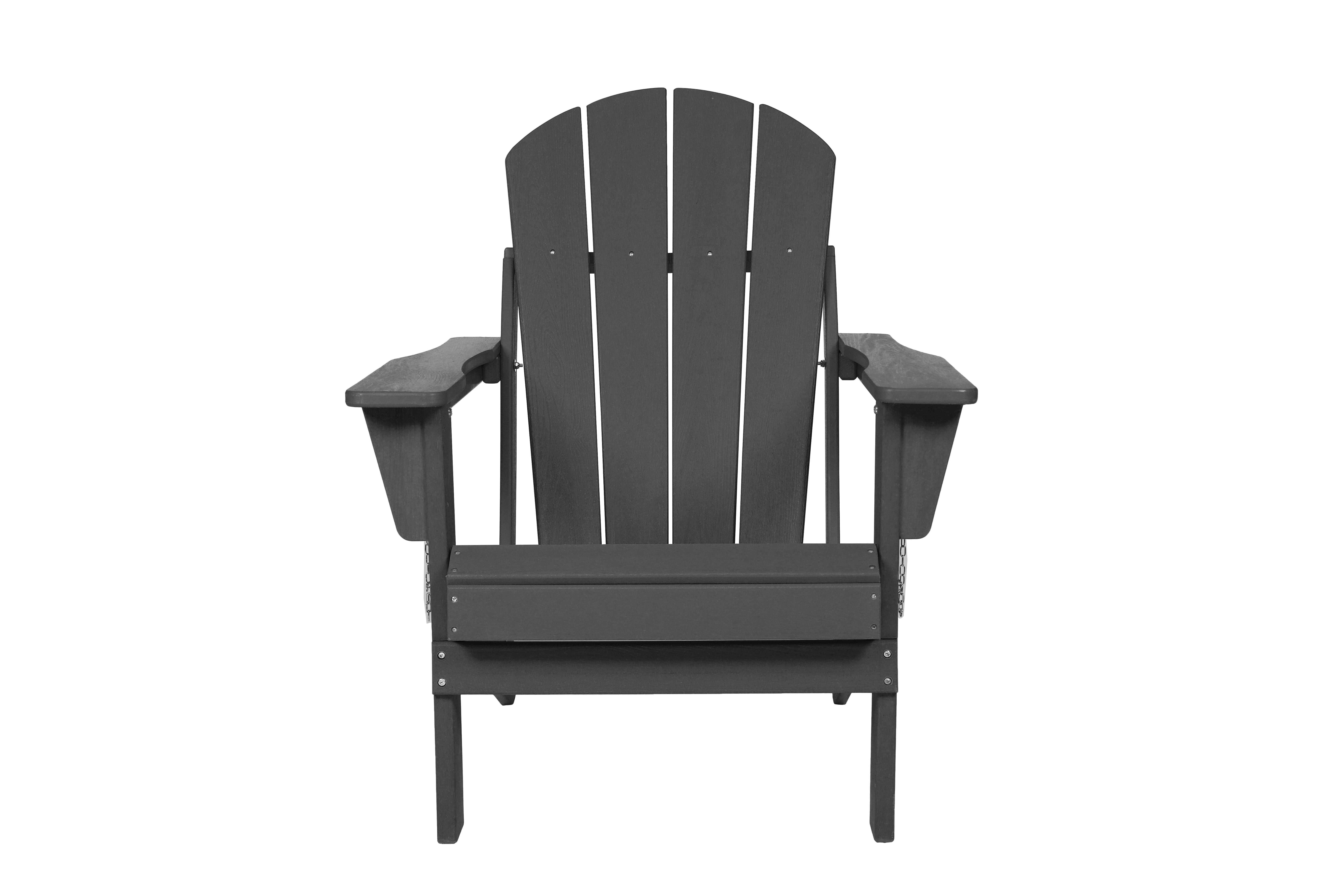 Gray HDPE Folding Adirondack Chair with Dual Cup Holders, Wood‑Textured Weather‑Resistant Composite Outdoor Patio Lounge Chair