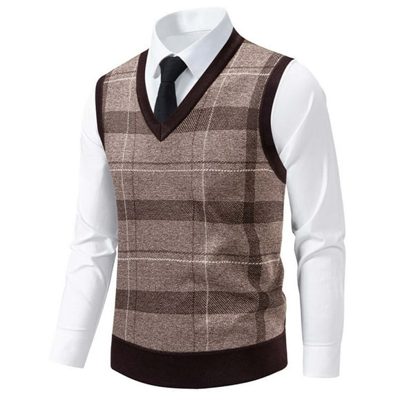 Qulqfy Striped Mens Sweater Vest Pullover Varsity Bronze Knit Fall Dressy Sleeveless Winter V Neck Sweater Men's Shirts L