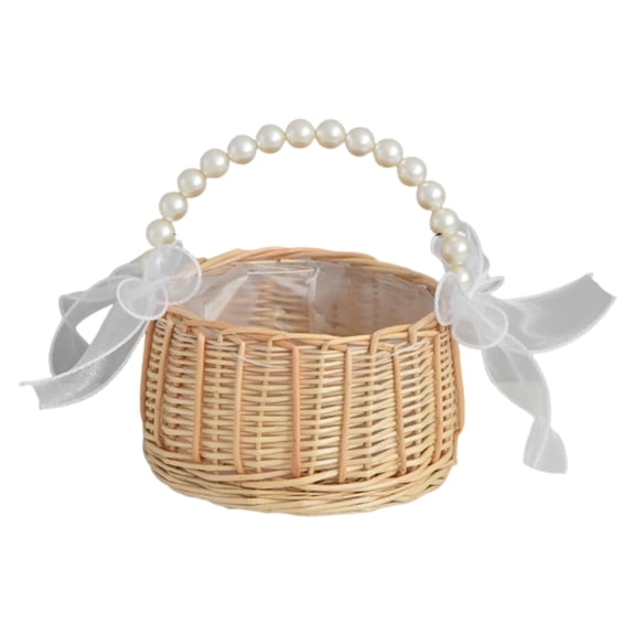 HaCpiu Wicker Woven Basket, 5.9" Pearl Handle Flower Basket with Bow Rattan Petal Basket, Handwoven Basket for Wedding Home Garden Decor