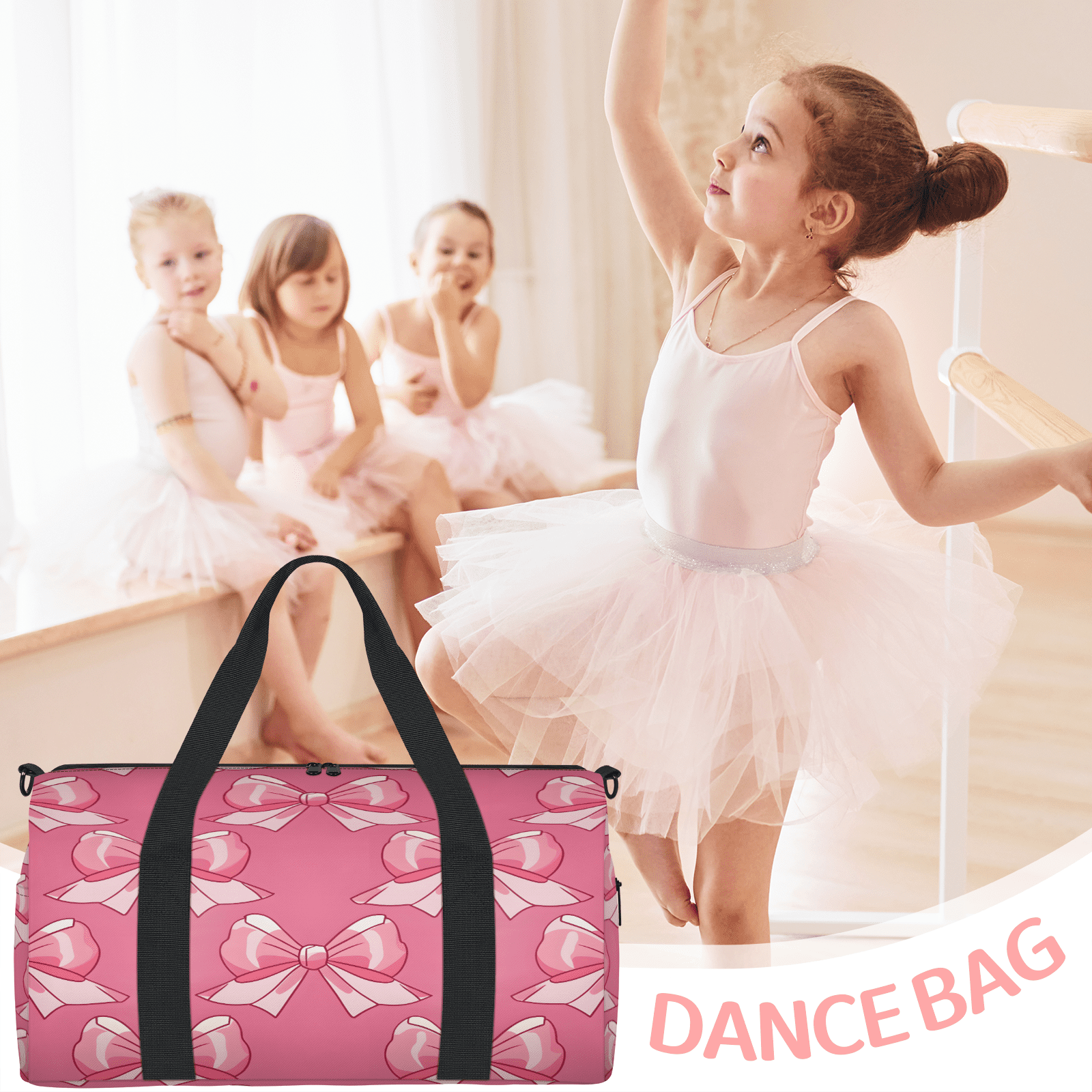 Herdesigns Pink Gym Bag for Women, Duffle Bag for Travel Sport, Bow Lightweight Waterproof Carry on Weekender Dance Yoga Workout Bags