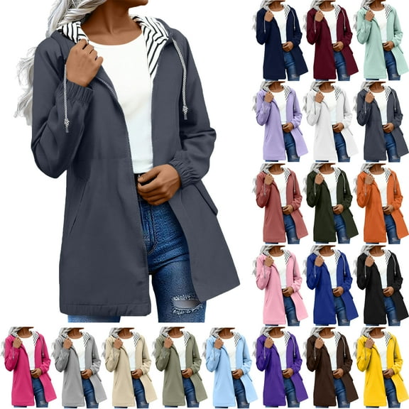 Women Rain Jacket with Hood with Pockets Plus Size Solid Color Long Sleeve Women Outdoor Windbreaker Raincoat Women's Outerwear Gray XXL