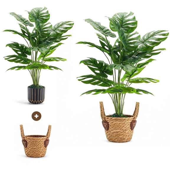 Miracliy 1 Pack 70cm Artificial Monstera Plant, Faux Tropical Plant with Black Gold Striped Plastic Pot & Woven Storage Basket, Indoor Home Office Housewarming Decor Gift Set