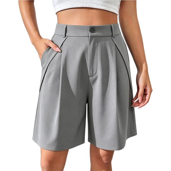 Qgtaibl Women's Bermuda Dress Shorts High Waisted Pleated Wide Leg Shorts with Pockets Summer Loose Fit Solid Color Fomal Work Shorts Gray XL