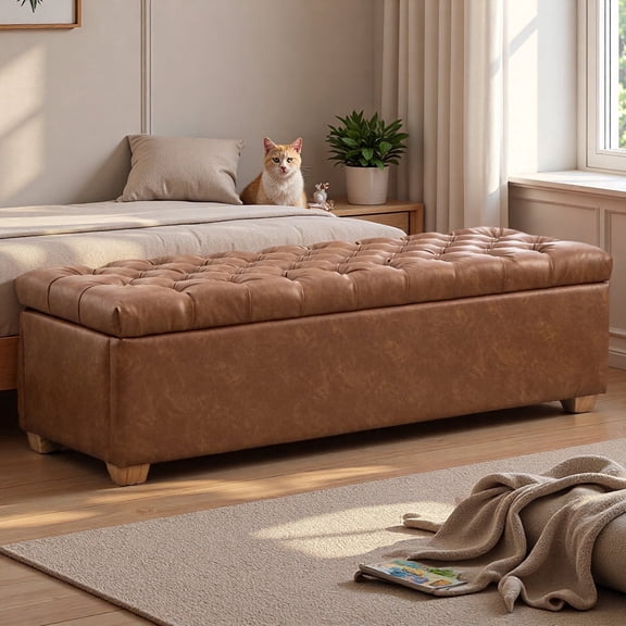 MDQMD 60" End of Bed Storage Bench King Size Brown,Faux Leather Storage Bench with Wood Legs,Upholstered Entryway Benches,Window Benches Seat for Living Room, Bedroom