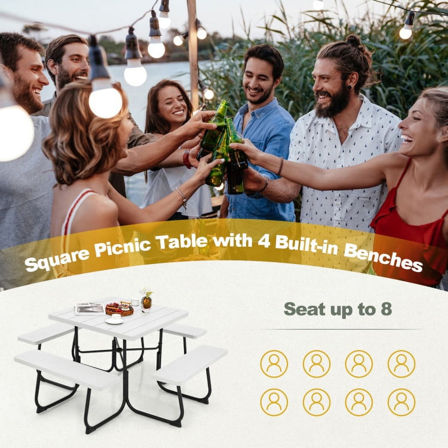 Aimee Lii Outdoor Picnic Table with 4 Benches and Umbrella Hole, Outdoor Patio Furniture, White