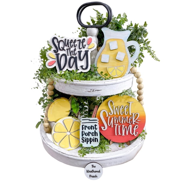 Bandeja decorativa de verano con diseño de limones en niveles - Material de madera, estilo rústico, juego de varias piezas - para cocina/mesa/decoración de temporada
