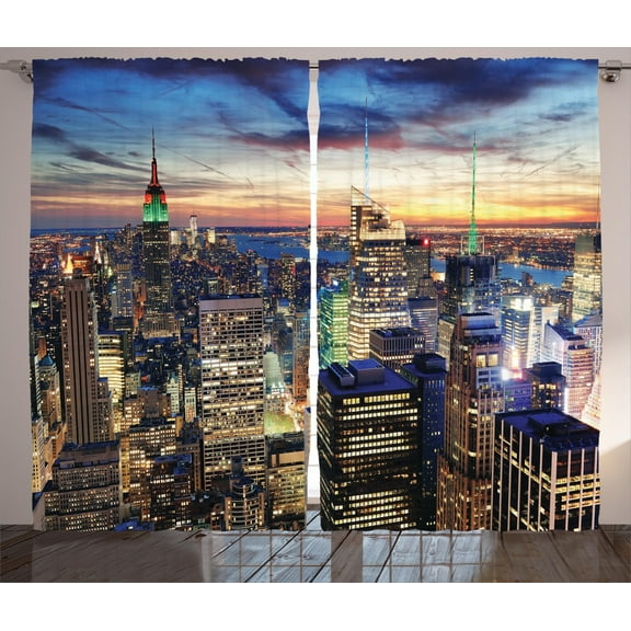 Ambesonne Landscape Curtains 2 Panel Set, Urban Skyline of NYC, 108" x 90", Orange Blue