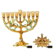 Matashi Hand Painted Enamel Menorah Candelabra w/ Tree & Flower Buds Design & Spinning Dreidel Holiday Ornaments (Pewter) with Gold Accents and Crystals Jewish Candle Holder Hanukkah Gift Jewish Decor