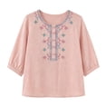 thumbnail image 6 of Women's Embroidered Blouses Summer Round Neck Embroidered Top 3/4 Sleeve Casual Boho Loose Lightweight Daily Shirts by Yigetop Pink 3XL, 6 of 7