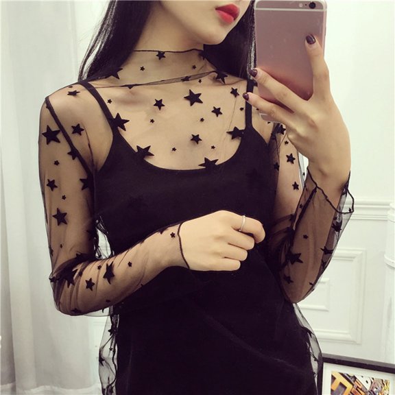 Long Sleeve Shirts for Women Fashion Women's Casual Mesh O-Neck Long Sleeve Printed Loose Ladies Tops Shirts E