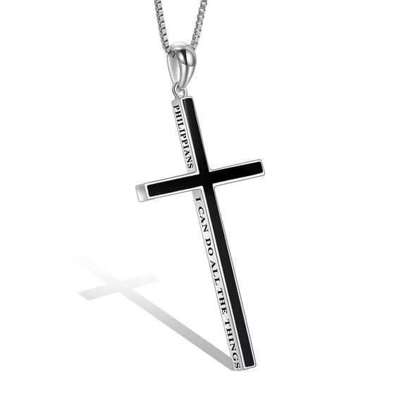 YAFEINI Black Onyx Cross Necklace for Women and Men 925 Sterling Silver Inspirational Necklace Engraved “I Can Do All Things” Religious Jewelry Gift, 20 2'