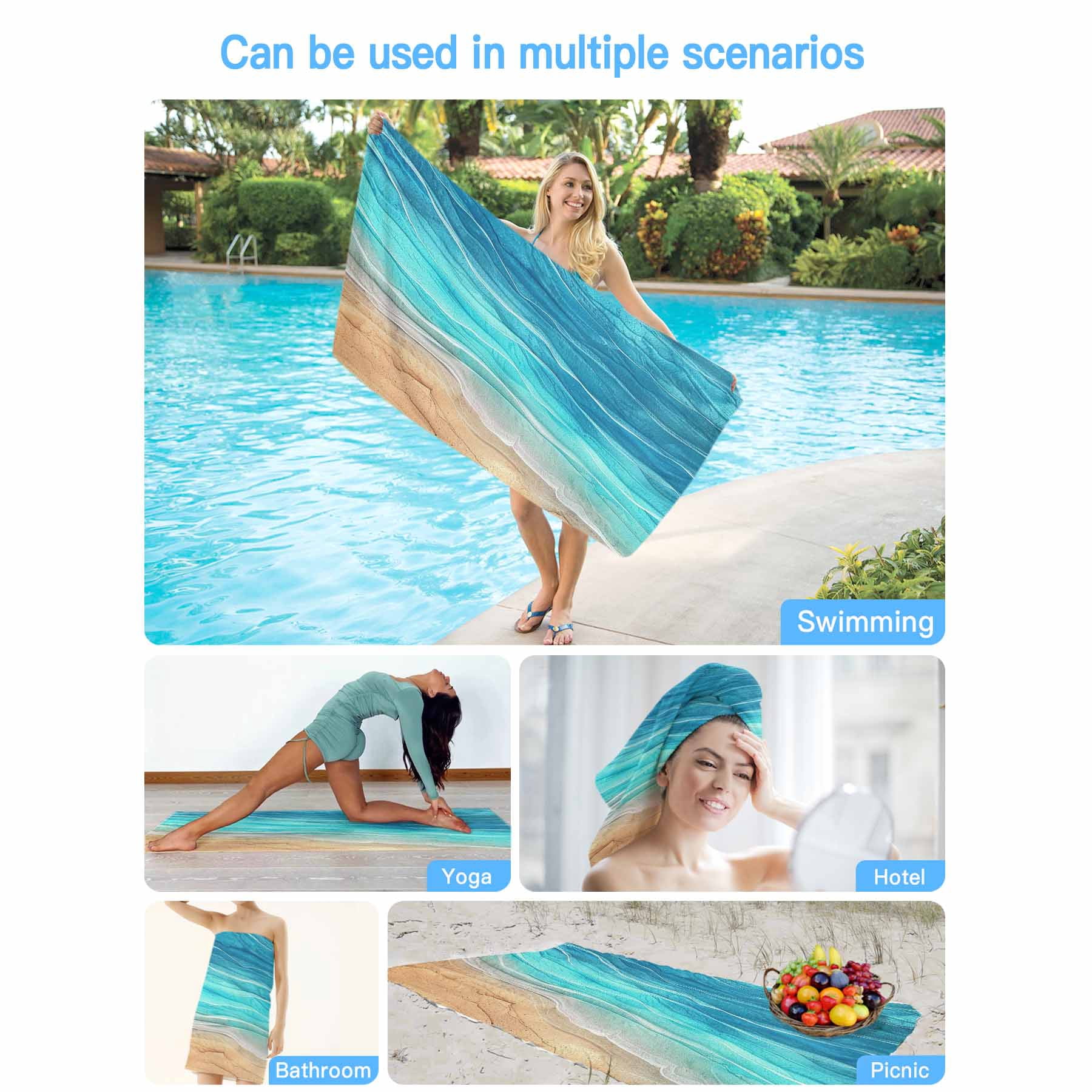 Turquoise Coastal Beach Beach Towels Blanket Soft&Absorbent Quick Dry Microfiber Vintage Gradients Ocean Waves Pool Towels for Swimming ,Yoga, Sports, Gym, Camping,Large 35X70in,